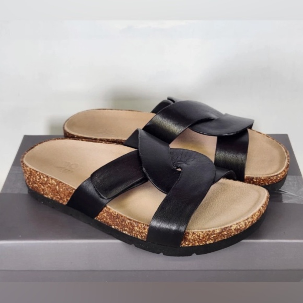 Black Leather Sandals - ABEO Lanai Slide Metatarsal Footbed - new in box